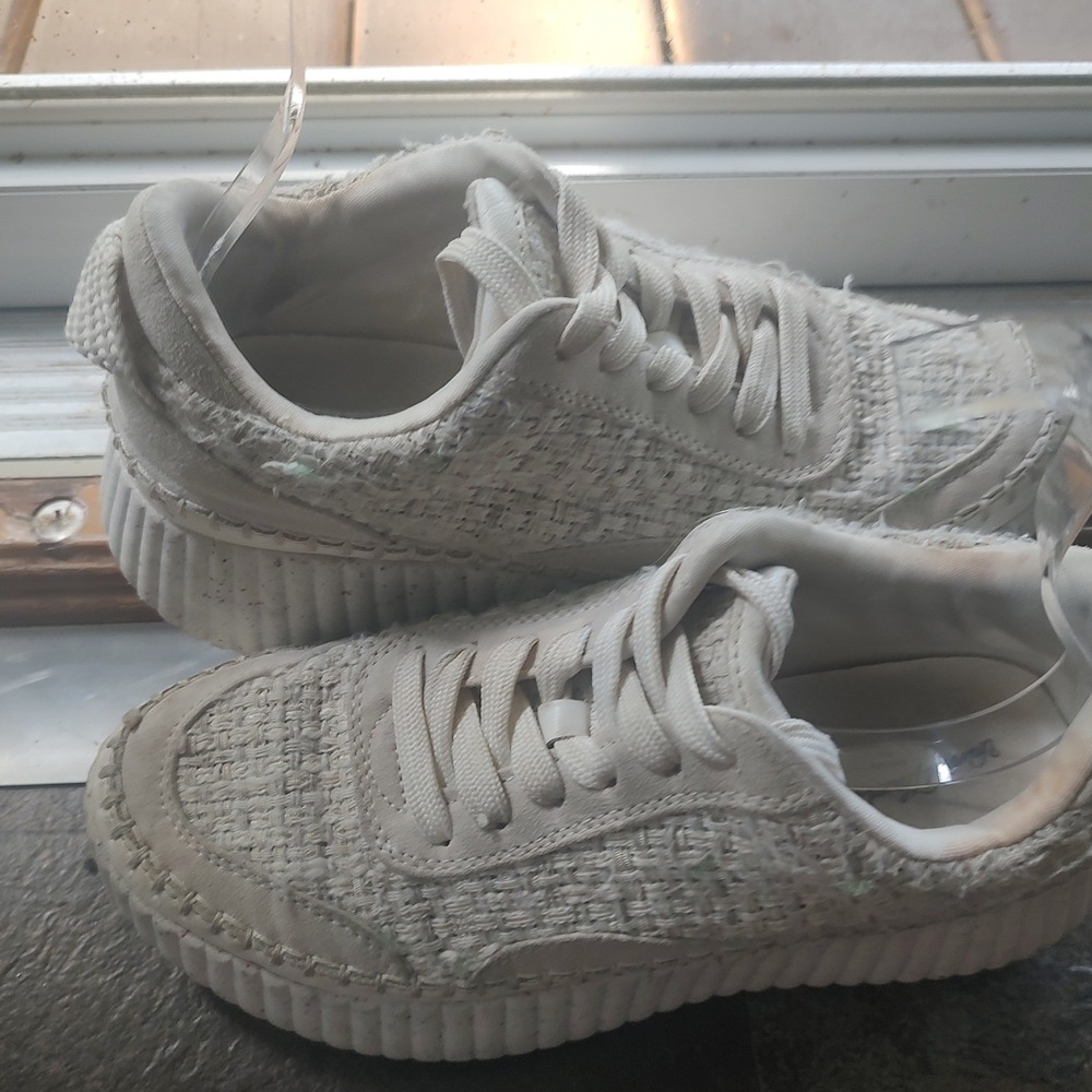 Womens Cream Tweed Platform Sneakers Whipstitch Detail Speckled Sole Size 6 - Picture 5 of 6